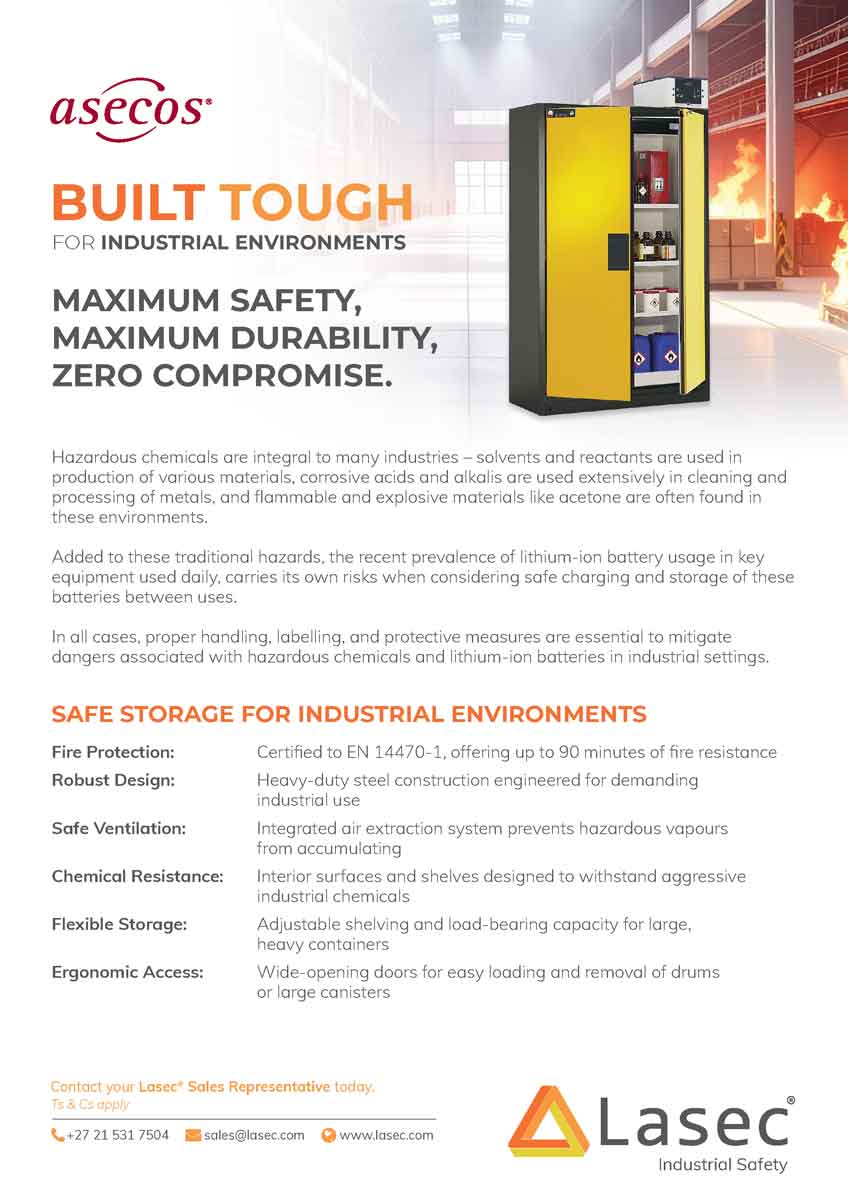 Front page of the Lasec asecos safety storage catalogue showing industrial storage cabinets for hazardous chemicals and batteries