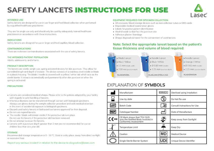 Safety lancets instructions for capillary blood collection from LASEC